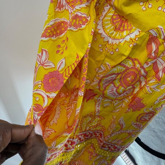 La Plage S Yellow Coral Floral Block Print Dress Short Sleeve, 100% Cotton - Picture 6 of 12